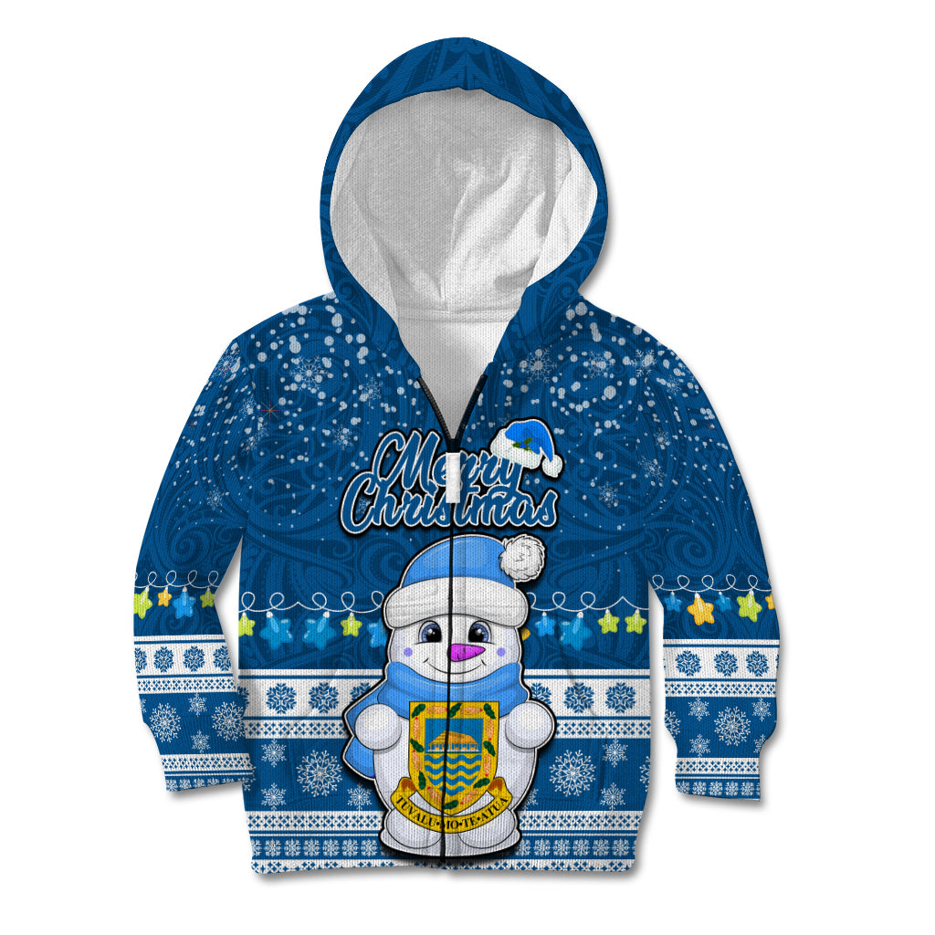 Tuvalu Christmas Kid Hoodie Snowman Hugs Tuvalu Coat of Arms Maori Pattern Blue Style LT03 Zip Hoodie Blue - Polynesian Pride