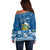 Tuvalu Christmas Off Shoulder Sweater Snowman Hugs Tuvalu Coat of Arms Maori Pattern Blue Style LT03 - Polynesian Pride