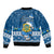 Tuvalu Christmas Sleeve Zip Bomber Jacket Snowman Hugs Tuvalu Coat of Arms Maori Pattern Blue Style LT03 - Polynesian Pride