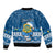 Personalised Tuvalu Christmas Bomber Jacket Snowman Hugs Tuvalu Coat of Arms Maori Pattern Blue Style LT03 - Polynesian Pride