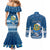 Personalised Tuvalu Christmas Couples Matching Mermaid Dress and Long Sleeve Button Shirt Snowman Hugs Tuvalu Coat of Arms Maori Pattern Blue Style LT03 - Polynesian Pride