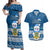 Personalised Tuvalu Christmas Couples Matching Off Shoulder Maxi Dress and Hawaiian Shirt Snowman Hugs Tuvalu Coat of Arms Maori Pattern Blue Style LT03 Blue - Polynesian Pride