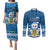 Personalised Tuvalu Christmas Couples Matching Puletasi Dress and Long Sleeve Button Shirt Snowman Hugs Tuvalu Coat of Arms Maori Pattern Blue Style LT03 Blue - Polynesian Pride