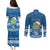 Personalised Tuvalu Christmas Couples Matching Puletasi Dress and Long Sleeve Button Shirt Snowman Hugs Tuvalu Coat of Arms Maori Pattern Blue Style LT03 - Polynesian Pride