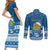 Personalised Tuvalu Christmas Couples Matching Short Sleeve Bodycon Dress and Long Sleeve Button Shirt Snowman Hugs Tuvalu Coat of Arms Maori Pattern Blue Style LT03 - Polynesian Pride