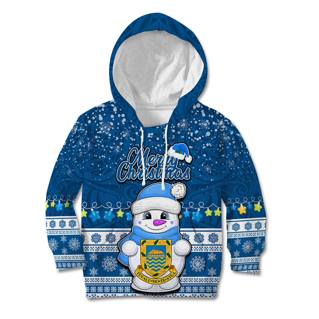 Personalised Tuvalu Christmas Kid Hoodie Snowman Hugs Tuvalu Coat of Arms Maori Pattern Blue Style LT03 Hoodie Blue - Polynesian Pride