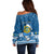 Personalised Tuvalu Christmas Off Shoulder Sweater Snowman Hugs Tuvalu Coat of Arms Maori Pattern Blue Style LT03 - Polynesian Pride