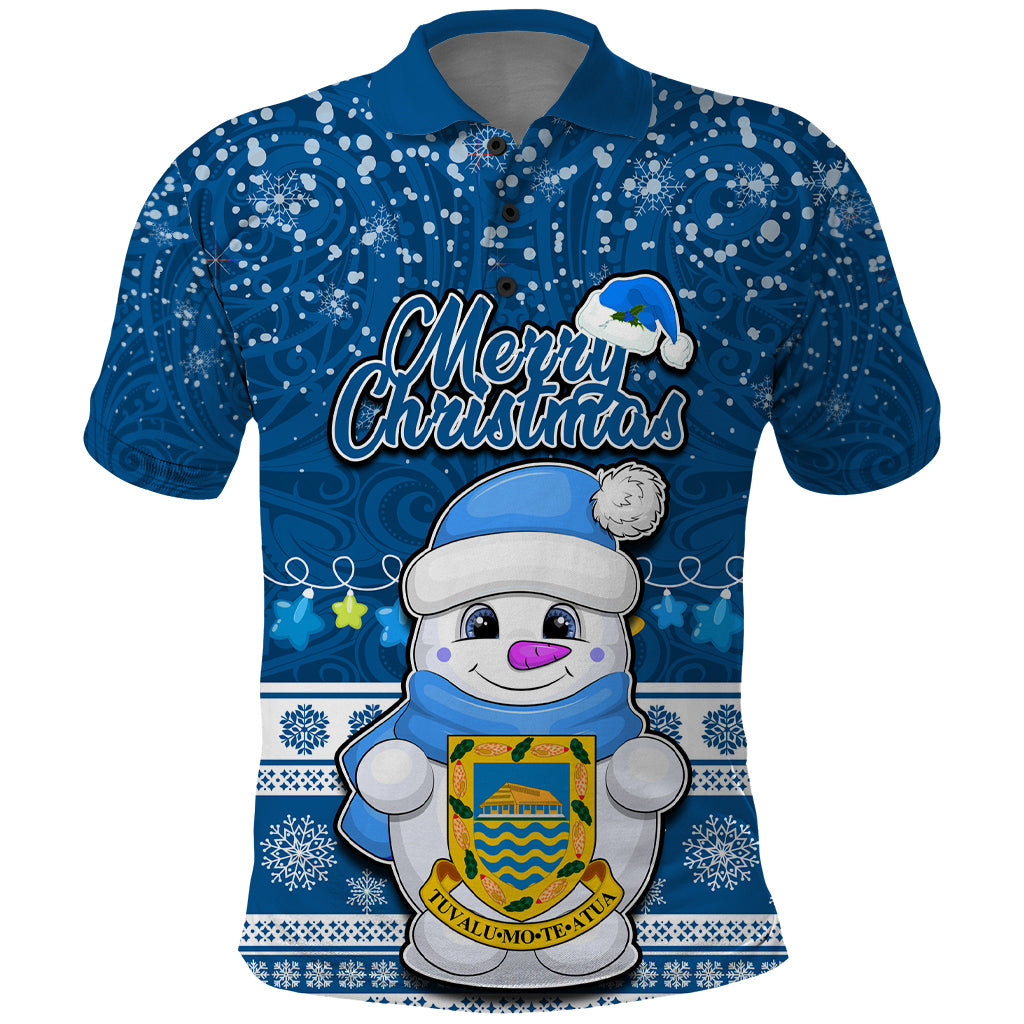 Personalised Tuvalu Christmas Polo Shirt Snowman Hugs Tuvalu Coat of Arms Maori Pattern Blue Style LT03 Blue - Polynesian Pride