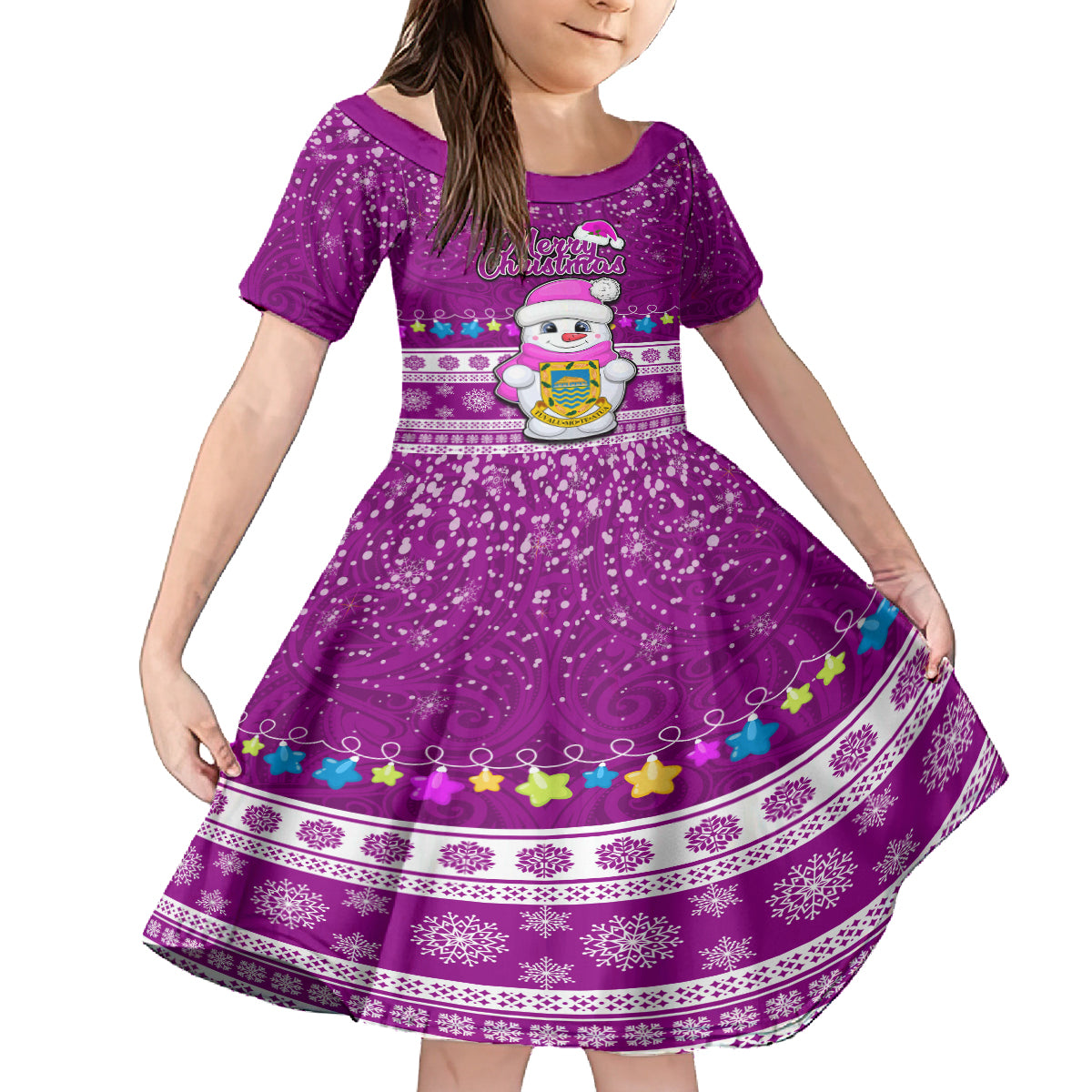 Personalised Tuvalu Christmas Kid Short Sleeve Dress Snowman Hugs Tuvalu Coat of Arms Maori Pattern Pink Style LT03 KID Pink - Polynesian Pride