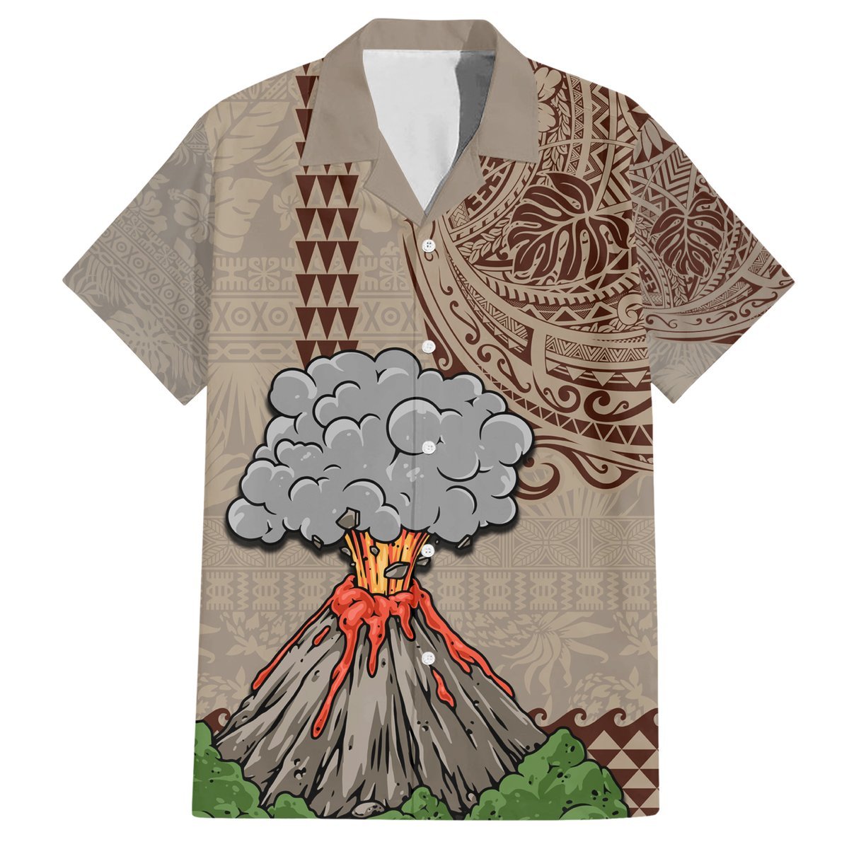 Aloha Volcano Custom Hawaiian Shirt Mix Hawaiian Kakau Tribal LT03 Beige - Polynesian Pride