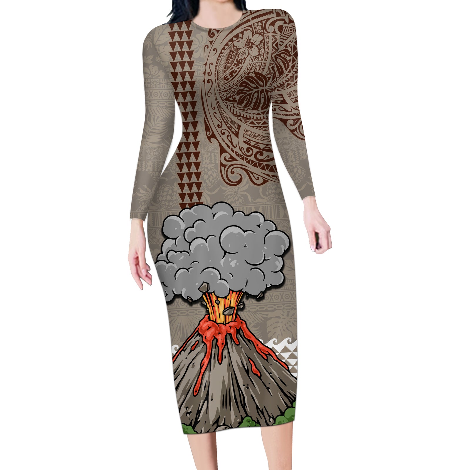 Aloha Volcano Custom Long Sleeve Bodycon Dress Mix Hawaiian Kakau Tribal LT03 Long Dress Beige - Polynesian Pride