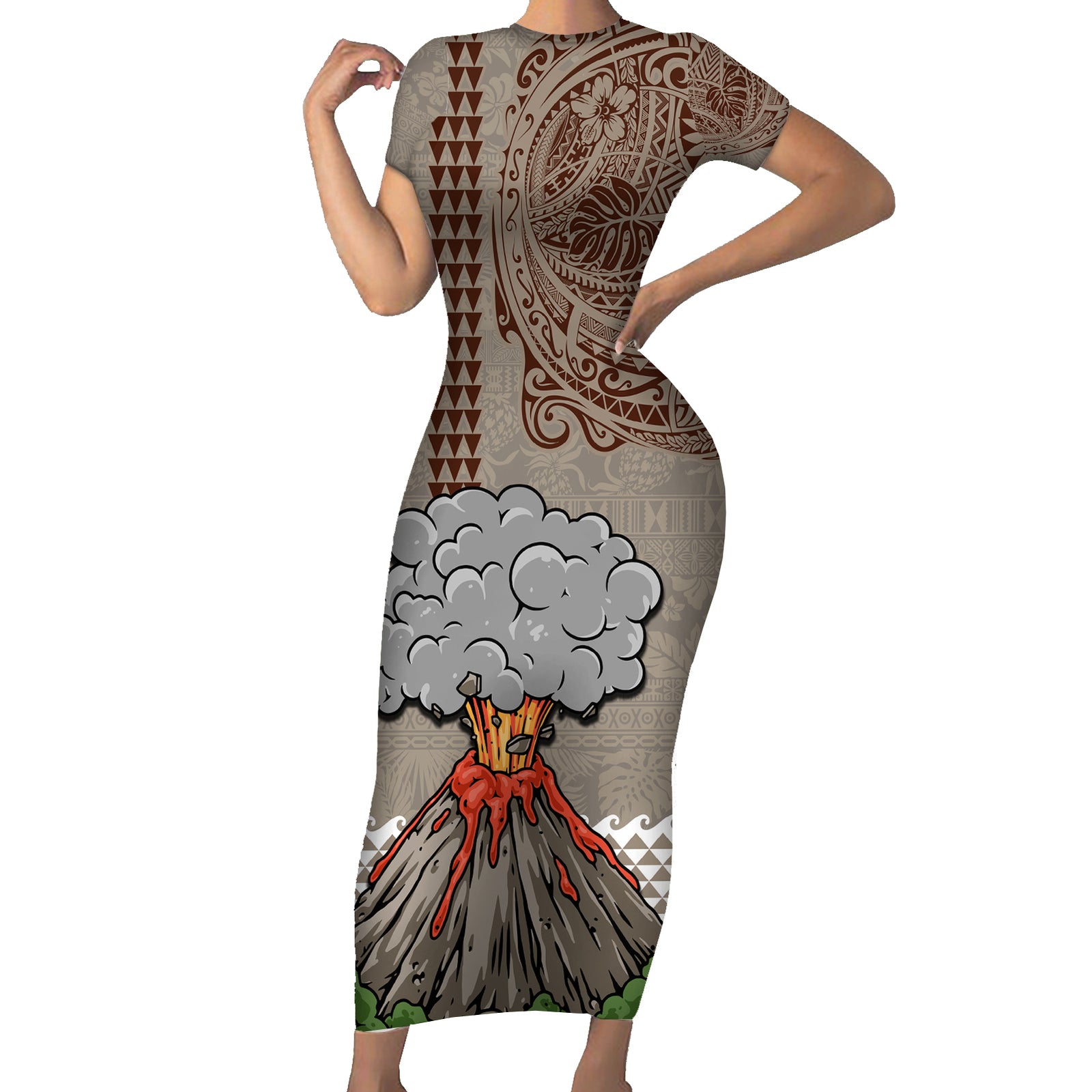 Aloha Volcano Custom Short Sleeve Bodycon Dress Mix Hawaiian Kakau Tribal LT03 Long Dress Beige - Polynesian Pride