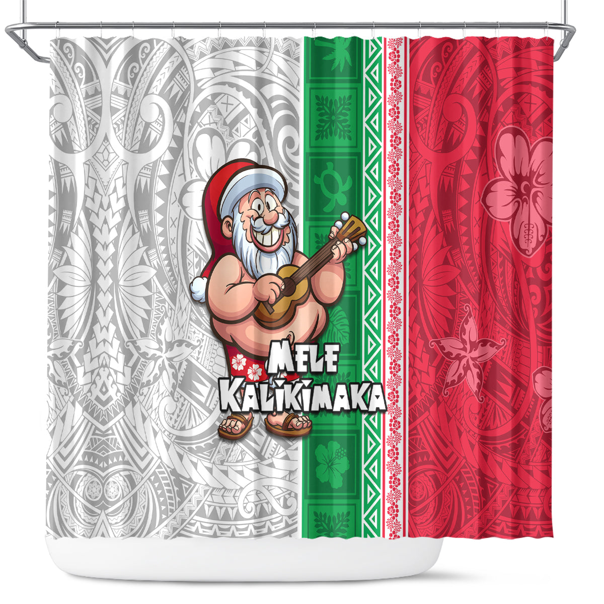 Hawaii Mele Kalikimaka Shower Curtain Santa Playing Ukele Mix Kakau Pattern Xmas Style LT03 Red - Polynesian Pride