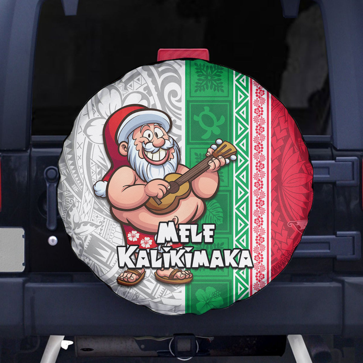 Hawaii Mele Kalikimaka Spare Tire Cover Santa Playing Ukele Mix Kakau Pattern Xmas Style LT03 Red - Polynesian Pride