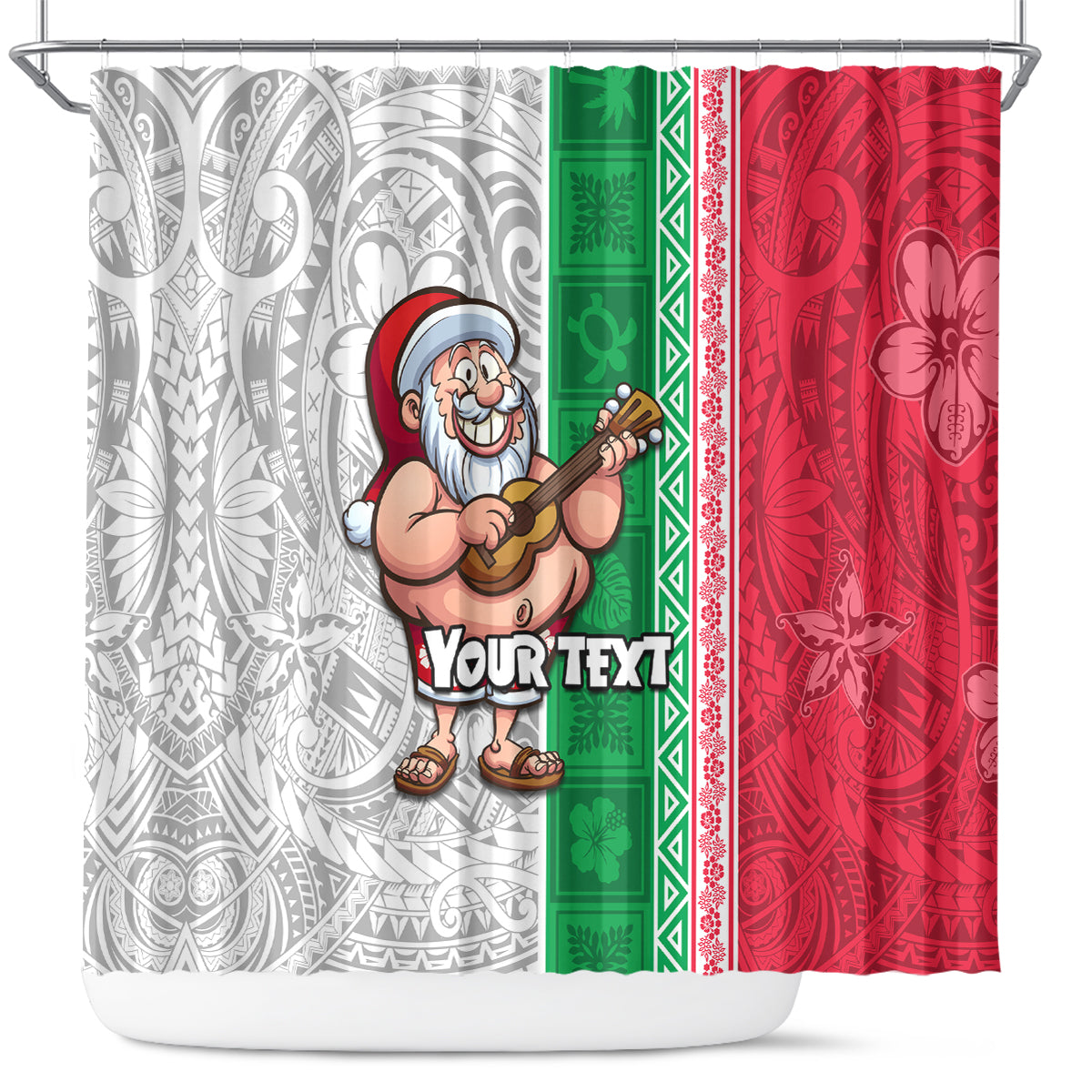 Custom Hawaii Mele Kalikimaka Shower Curtain Santa Playing Ukele Mix Kakau Pattern Xmas Style LT03 Red - Polynesian Pride