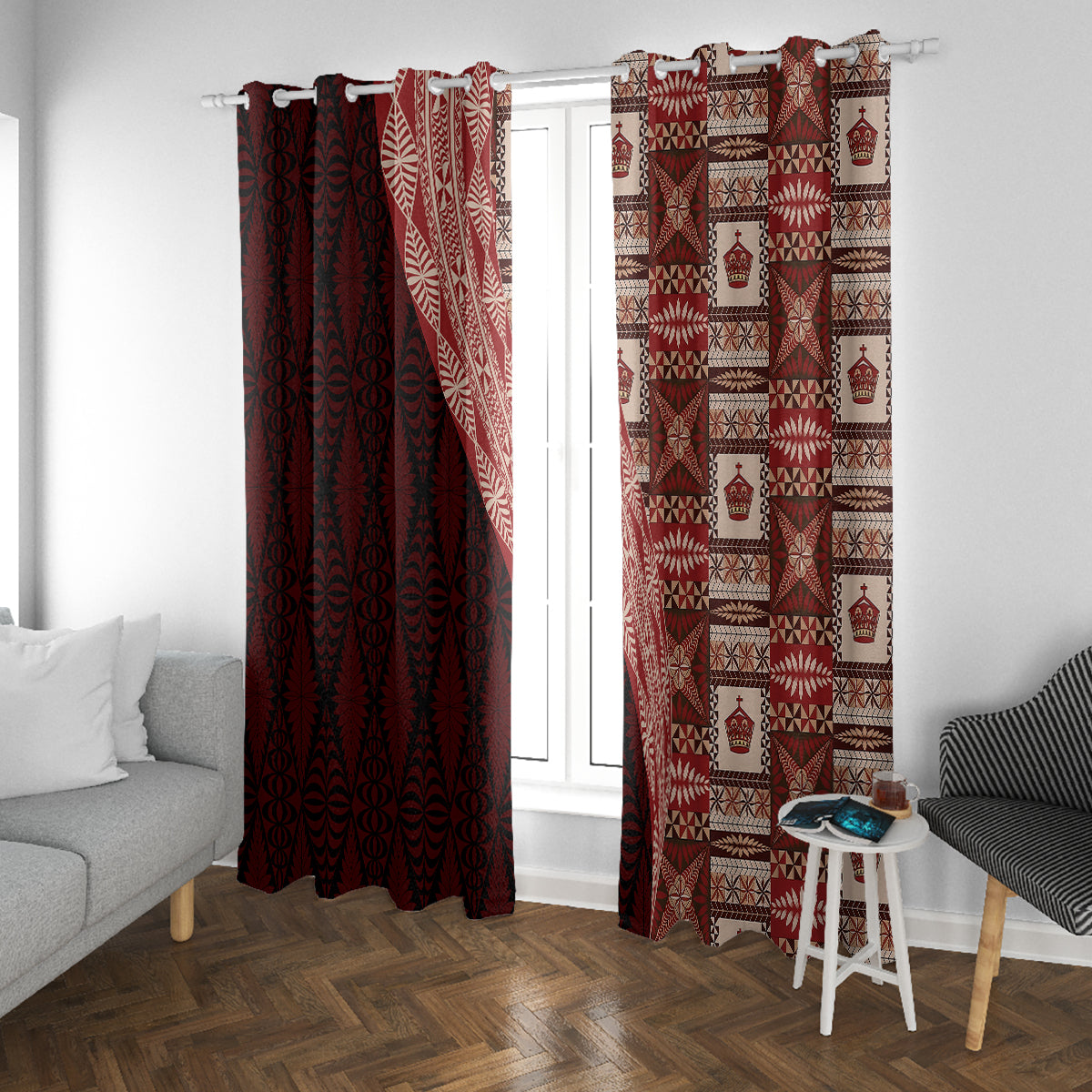 Tonga Fonulei and Ngatu Pattern Window Curtain LT03 With Grommets Red - Polynesian Pride