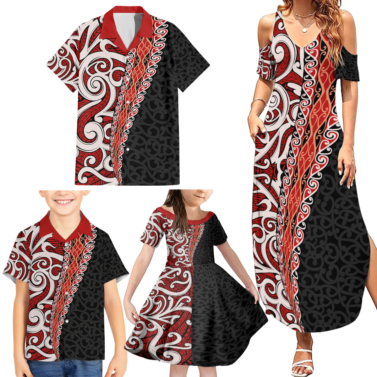 New Zealand Maori Stylized Koru Family Matching Summer Maxi Dress and Hawaiian Shirt LT03 - Polynesian Pride