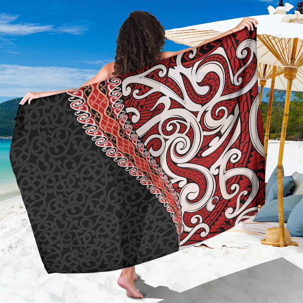 New Zealand Maori Stylized Koru Sarong LT03 One Size 44 x 66 inches Red - Polynesian Pride