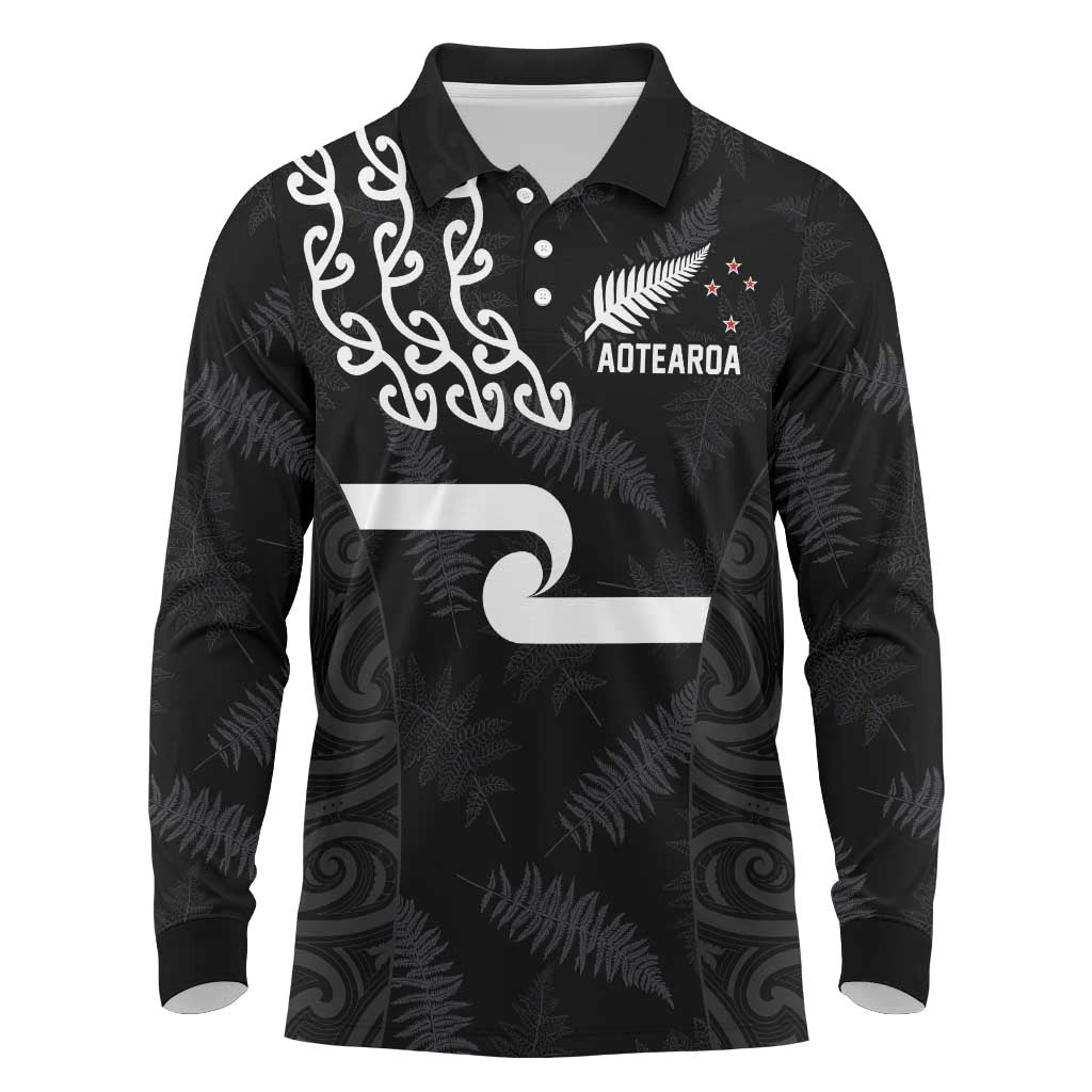 New Zealand Rugby Custom Long Sleeve Polo Shirt The Champions Aotearoa LT03 Black - Polynesian Pride