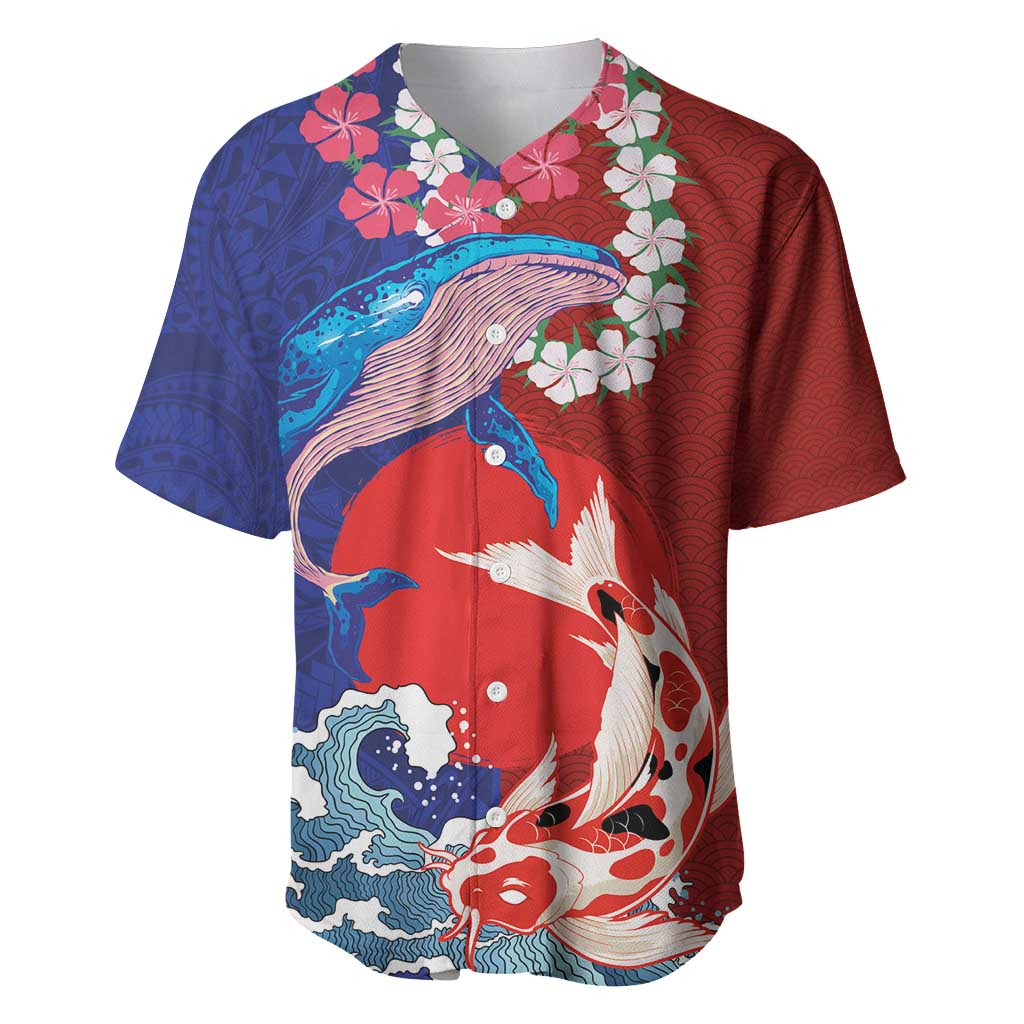 Hawaiian and Japanese Together Baseball Jersey The Whale and Koi Fish with Hinomaru and Lei