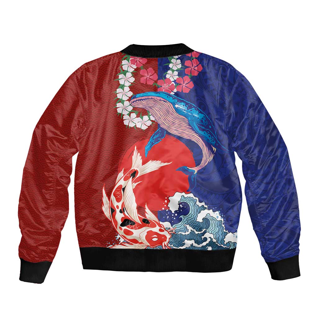 Hawaiian and Japanese Together Bomber Jacket The Whale and Koi Fish with Hinomaru and Lei LT03 - Polynesian Pride