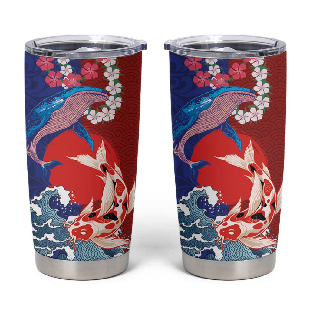 Hawaiian and Japanese Together Tumbler Cup The Whale and Koi Fish with Hinomaru and Lei LT03 Blue - Polynesian Pride