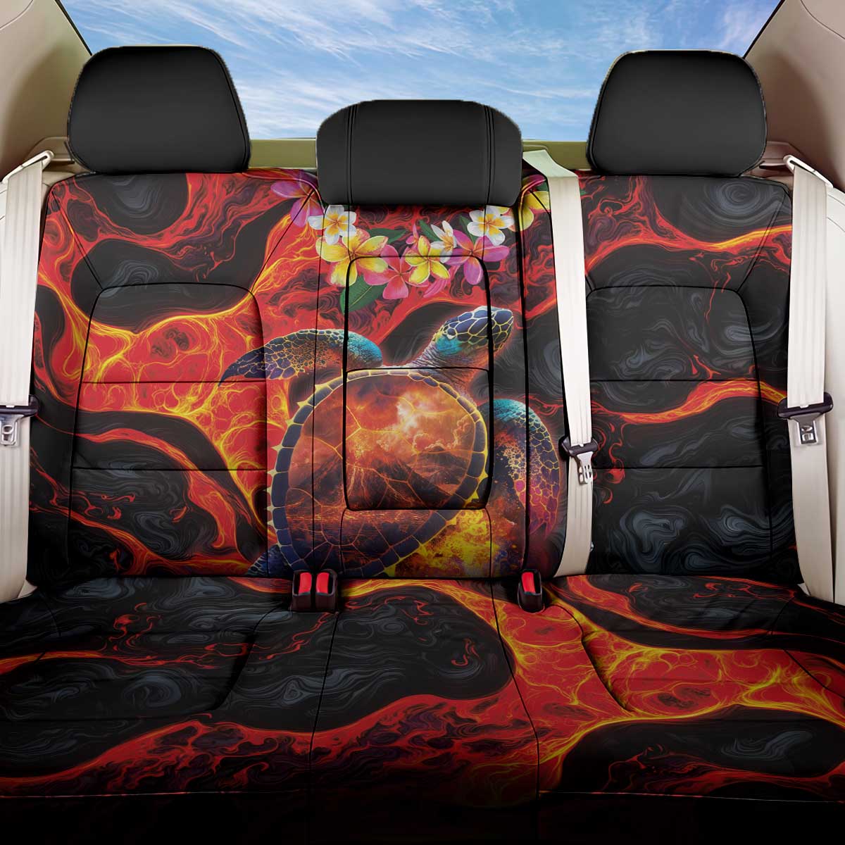 Hawaiian Turtle with Volcanic Eruption Back Car Seat Cover Hibiscus Lei and Lava Flow an Abstract Texture LT03 One Size Black - Polynesian Pride