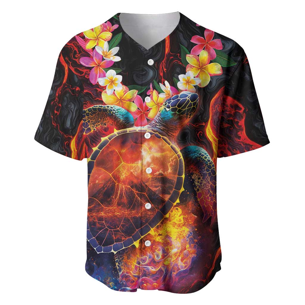 Hawaiian Turtle with Volcanic Eruption Baseball Jersey Hibiscus Lei and Lava Flow an Abstract Texture LT03 Black - Polynesian Pride