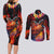 Hawaiian Turtle with Volcanic Eruption Couples Matching Long Sleeve Bodycon Dress and Long Sleeve Button Shirt Hibiscus Lei and Lava Flow an Abstract Texture