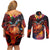 Hawaiian Turtle with Volcanic Eruption Couples Matching Off Shoulder Short Dress and Long Sleeve Button Shirt Hibiscus Lei and Lava Flow an Abstract Texture