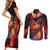 Hawaiian Turtle with Volcanic Eruption Couples Matching Short Sleeve Bodycon Dress and Long Sleeve Button Shirt Hibiscus Lei and Lava Flow an Abstract Texture