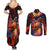 Hawaiian Turtle with Volcanic Eruption Couples Matching Summer Maxi Dress and Long Sleeve Button Shirt Hibiscus Lei and Lava Flow an Abstract Texture