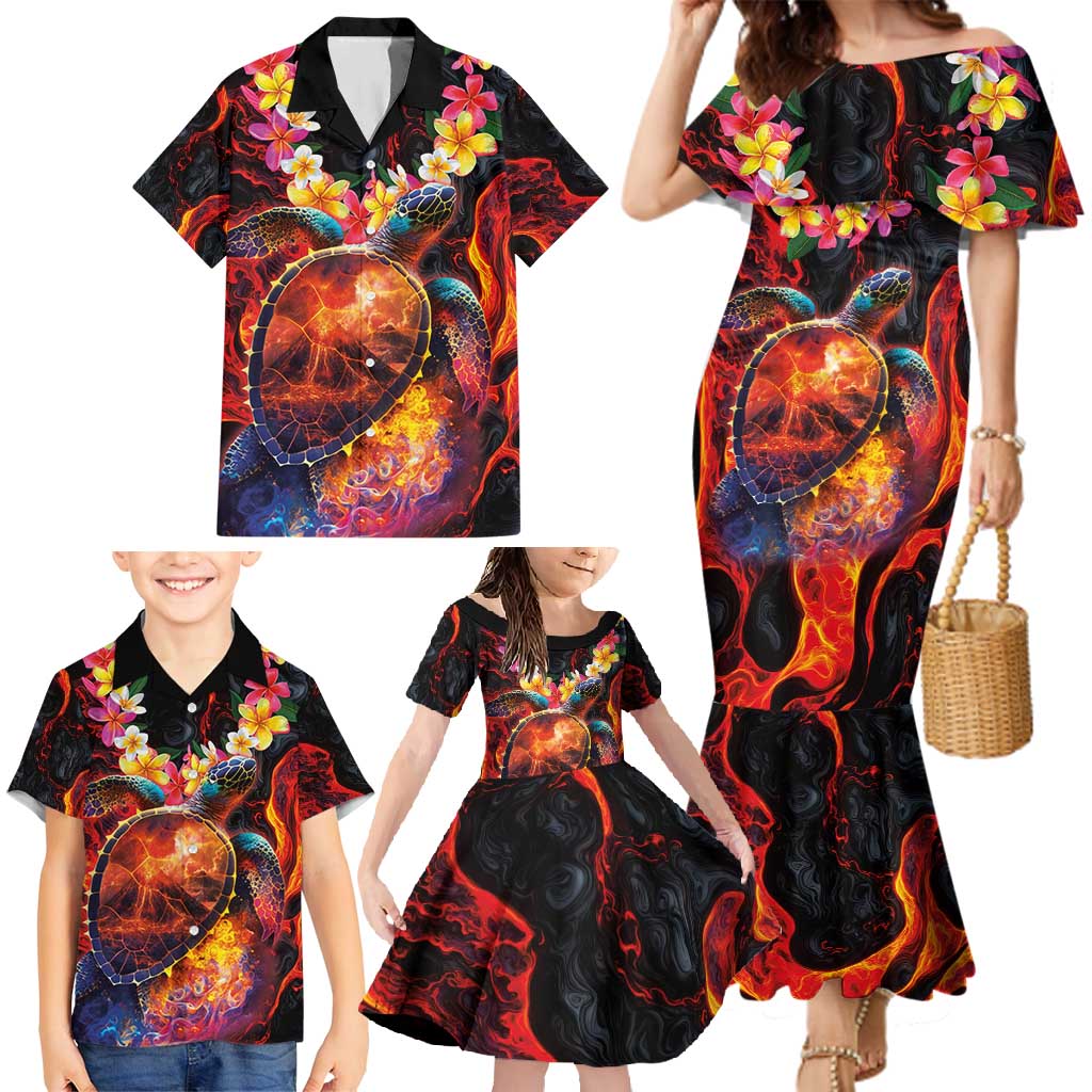 Hawaiian Turtle with Volcanic Eruption Family Matching Mermaid Dress and Hawaiian Shirt Hibiscus Lei and Lava Flow an Abstract Texture