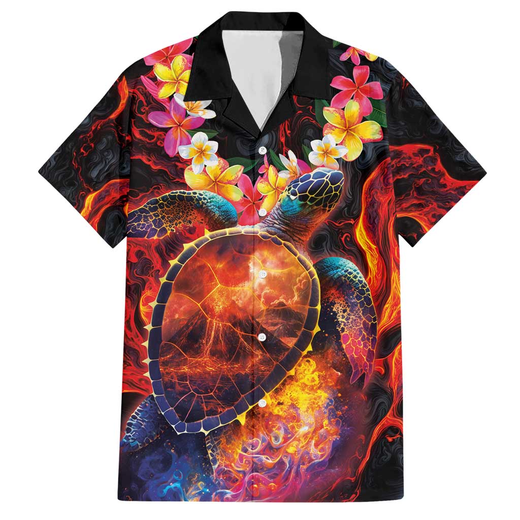 Hawaiian Turtle with Volcanic Eruption Hawaiian Shirt Hibiscus Lei and Lava Flow an Abstract Texture LT03 Black - Polynesian Pride