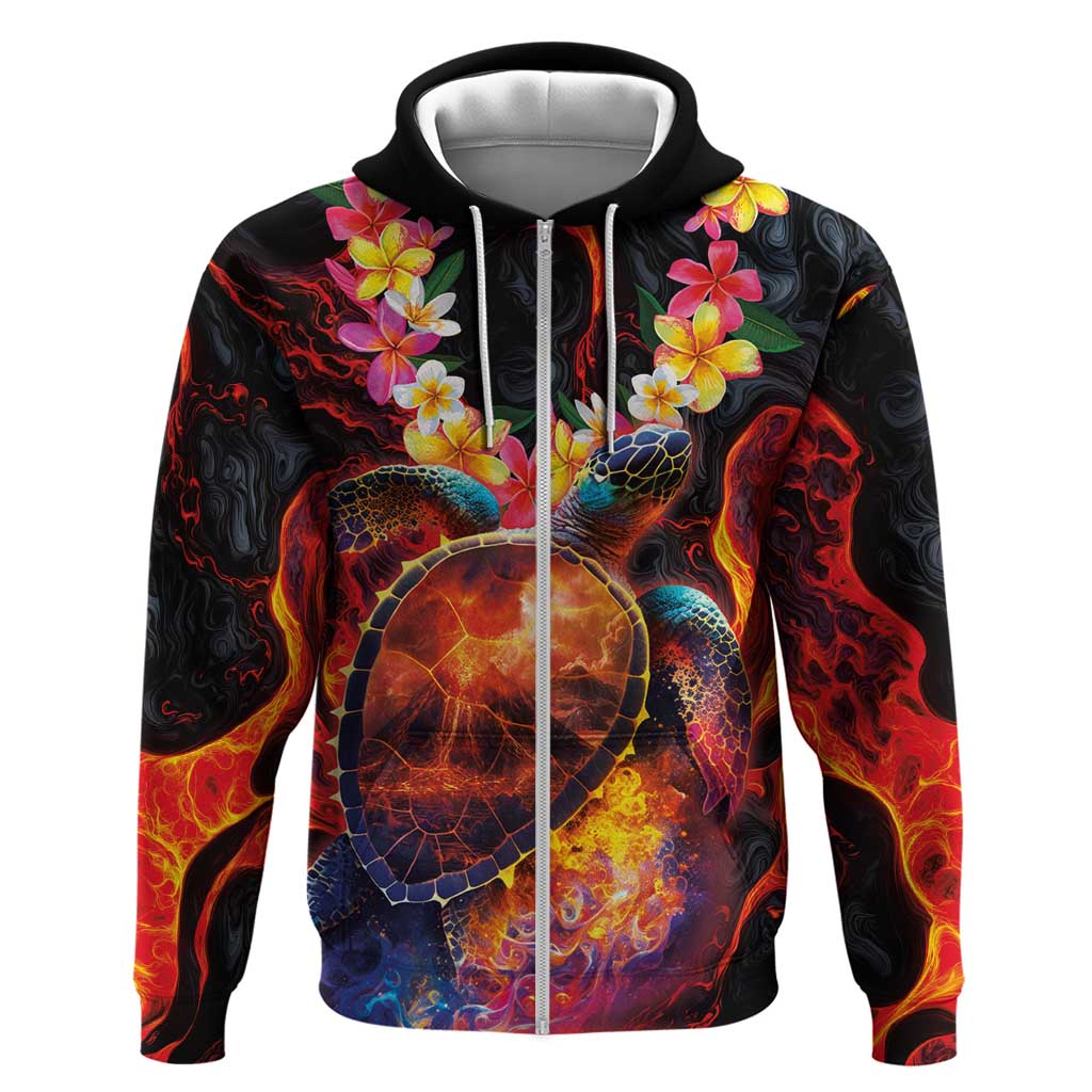 Hawaiian Turtle with Volcanic Eruption Hoodie Hibiscus Lei and Lava Flow an Abstract Texture LT03 Zip Hoodie Black - Polynesian Pride