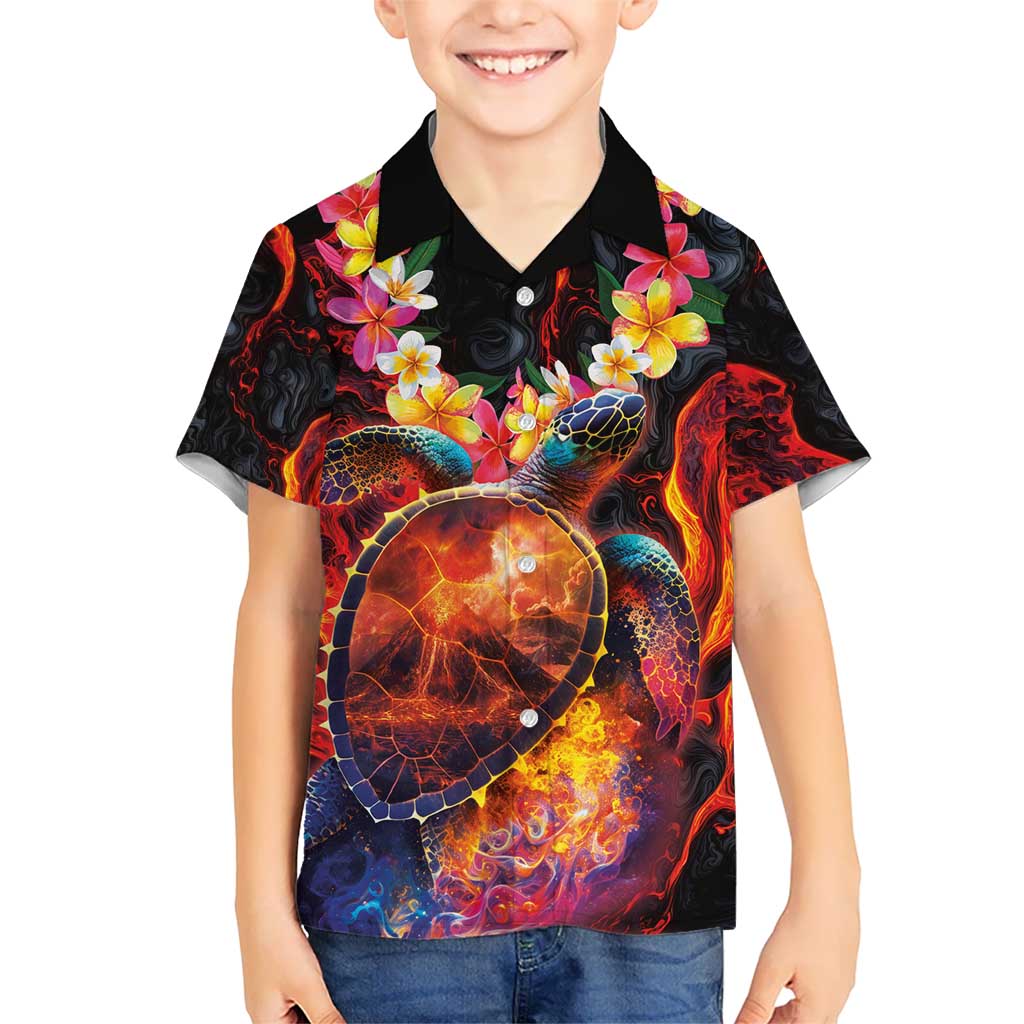 Hawaiian Turtle with Volcanic Eruption Kid Hawaiian Shirt Hibiscus Lei and Lava Flow an Abstract Texture LT03 Kid Black - Polynesian Pride