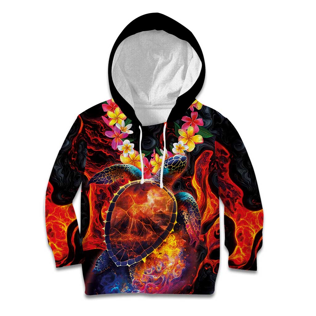 Hawaiian Turtle with Volcanic Eruption Kid Hoodie Hibiscus Lei and Lava Flow an Abstract Texture LT03 Hoodie Black - Polynesian Pride