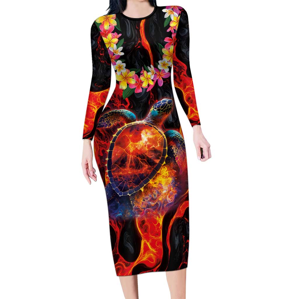 Hawaiian Turtle with Volcanic Eruption Long Sleeve Bodycon Dress Hibiscus Lei and Lava Flow an Abstract Texture LT03 Long Dress Black - Polynesian Pride