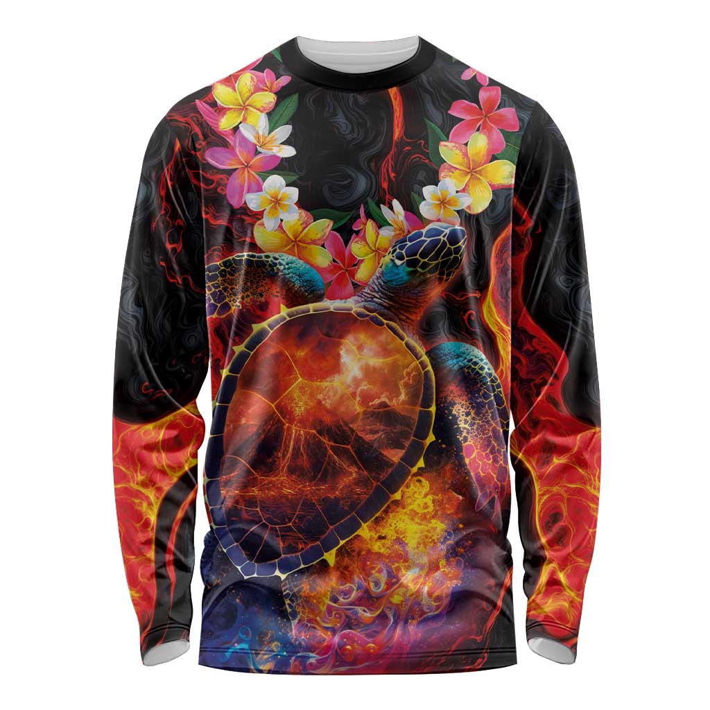 Hawaiian Turtle with Volcanic Eruption Long Sleeve Shirt Hibiscus Lei and Lava Flow an Abstract Texture LT03 Unisex Black - Polynesian Pride