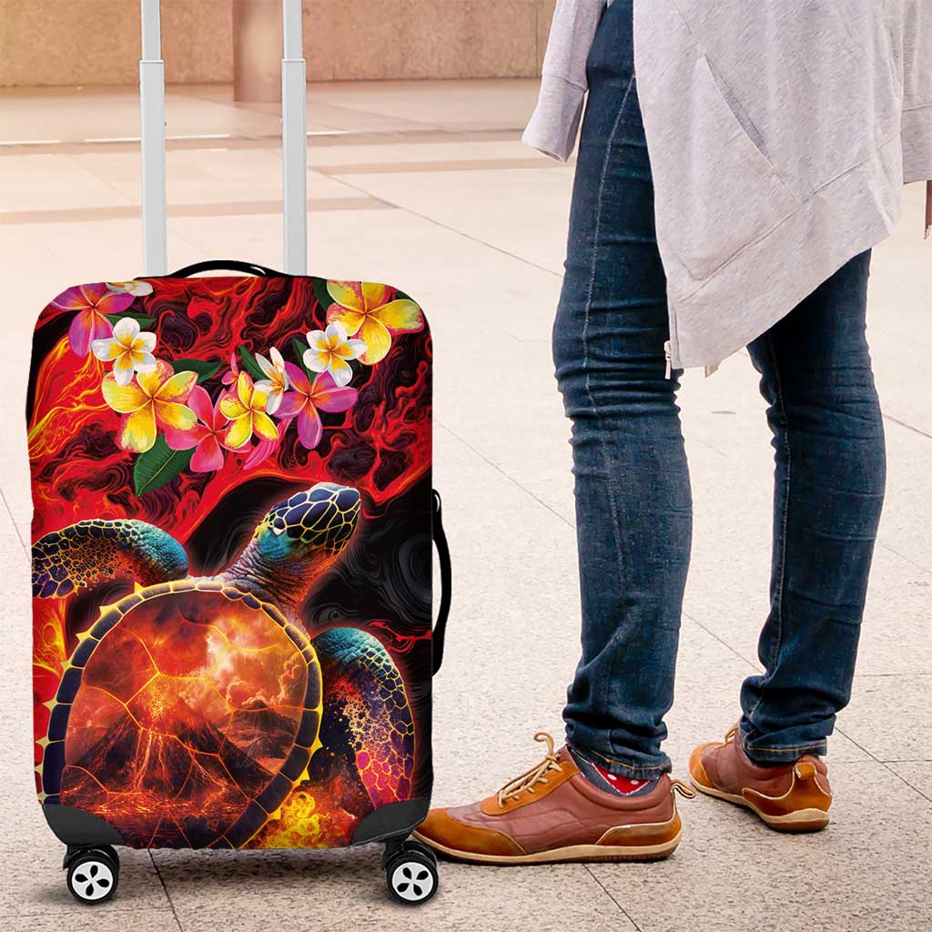 Hawaiian Turtle with Volcanic Eruption Luggage Cover Hibiscus Lei and Lava Flow an Abstract Texture LT03 Black - Polynesian Pride