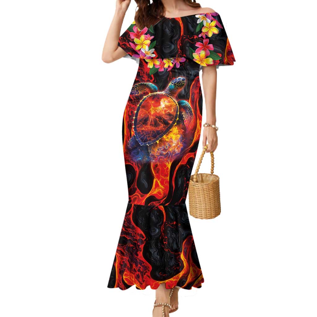Hawaiian Turtle with Volcanic Eruption Mermaid Dress Hibiscus Lei and Lava Flow an Abstract Texture LT03 Women Black - Polynesian Pride