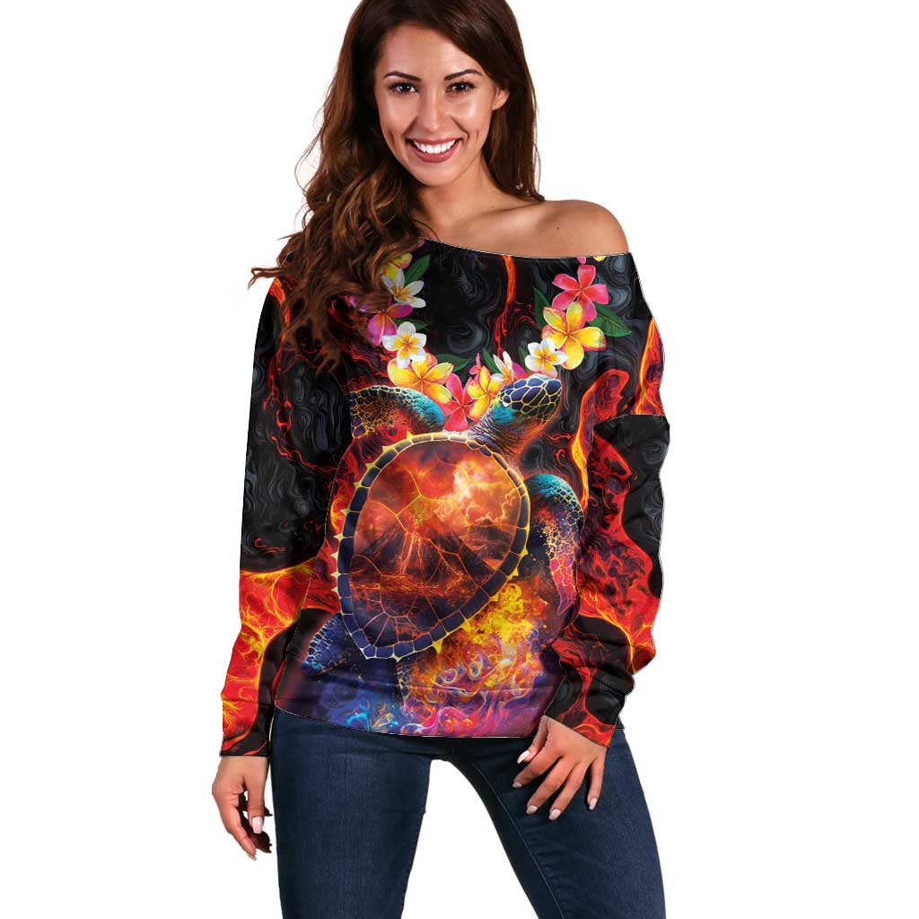 Hawaiian Turtle with Volcanic Eruption Off Shoulder Sweater Hibiscus Lei and Lava Flow an Abstract Texture LT03 Women Black - Polynesian Pride