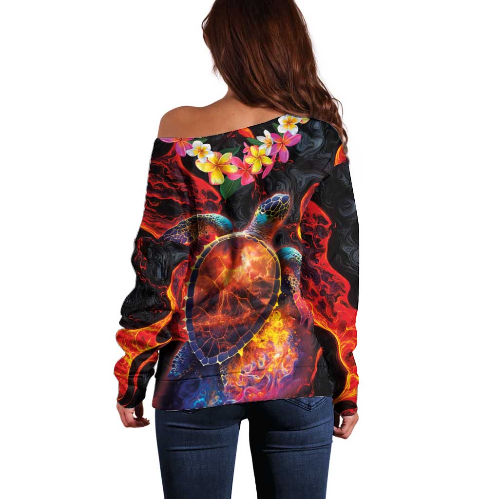 Hawaiian Turtle with Volcanic Eruption Off Shoulder Sweater Hibiscus Lei and Lava Flow an Abstract Texture LT03 - Polynesian Pride