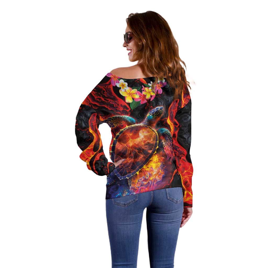 Hawaiian Turtle with Volcanic Eruption Off Shoulder Sweater Hibiscus Lei and Lava Flow an Abstract Texture LT03 - Polynesian Pride