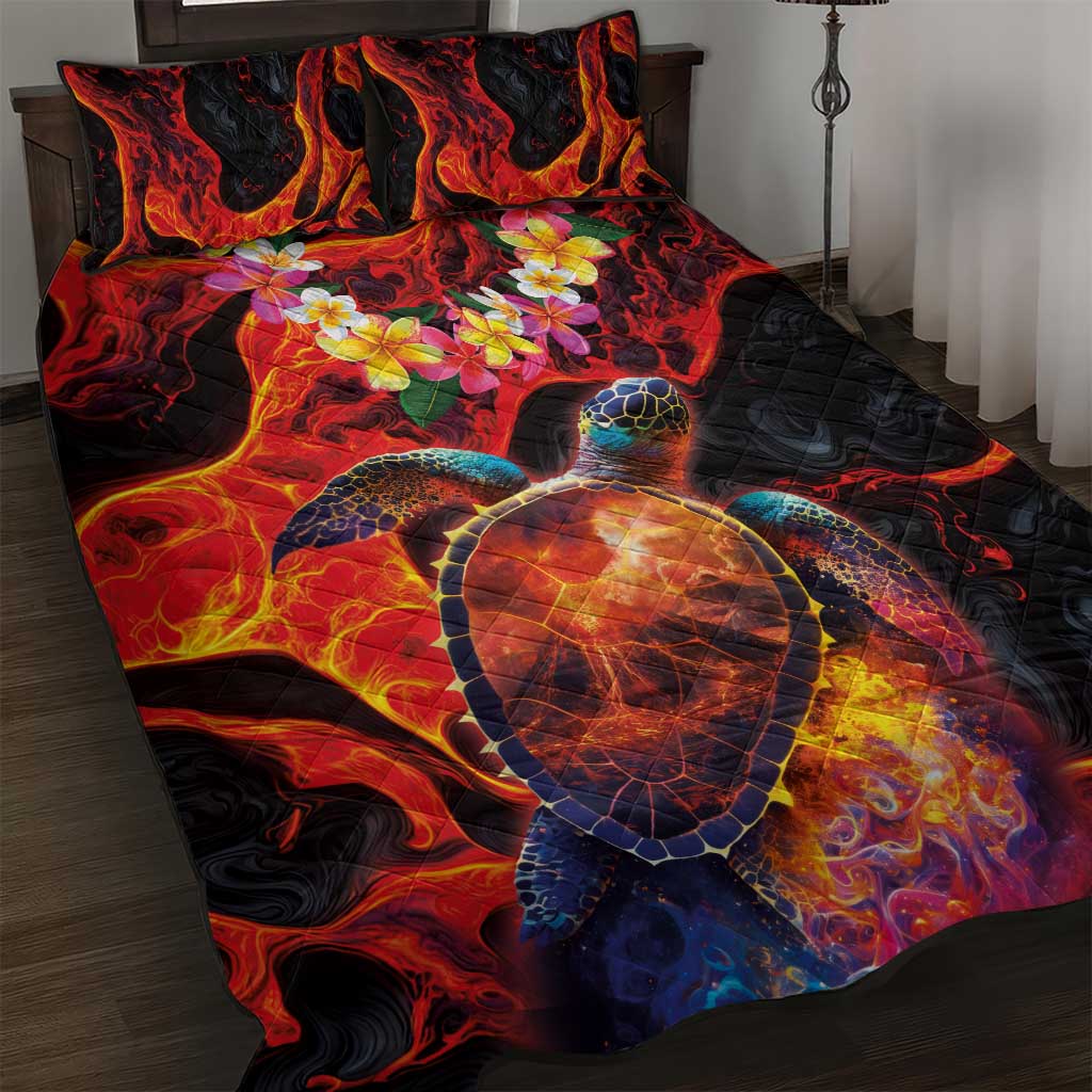 Hawaiian Turtle with Volcanic Eruption Quilt Bed Set Hibiscus Lei and Lava Flow an Abstract Texture LT03 Black - Polynesian Pride