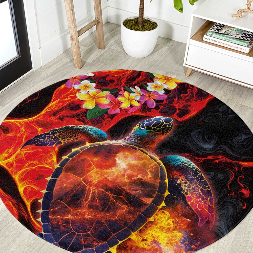 Hawaiian Turtle with Volcanic Eruption Round Carpet Hibiscus Lei and Lava Flow an Abstract Texture LT03 Black - Polynesian Pride