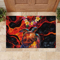 Hawaiian Turtle with Volcanic Eruption Rubber Doormat Hibiscus Lei and Lava Flow an Abstract Texture LT03 Black - Polynesian Pride