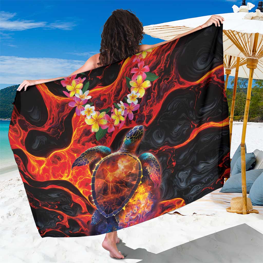 Hawaiian Turtle with Volcanic Eruption Sarong Hibiscus Lei and Lava Flow an Abstract Texture LT03 One Size 44 x 66 inches Black - Polynesian Pride