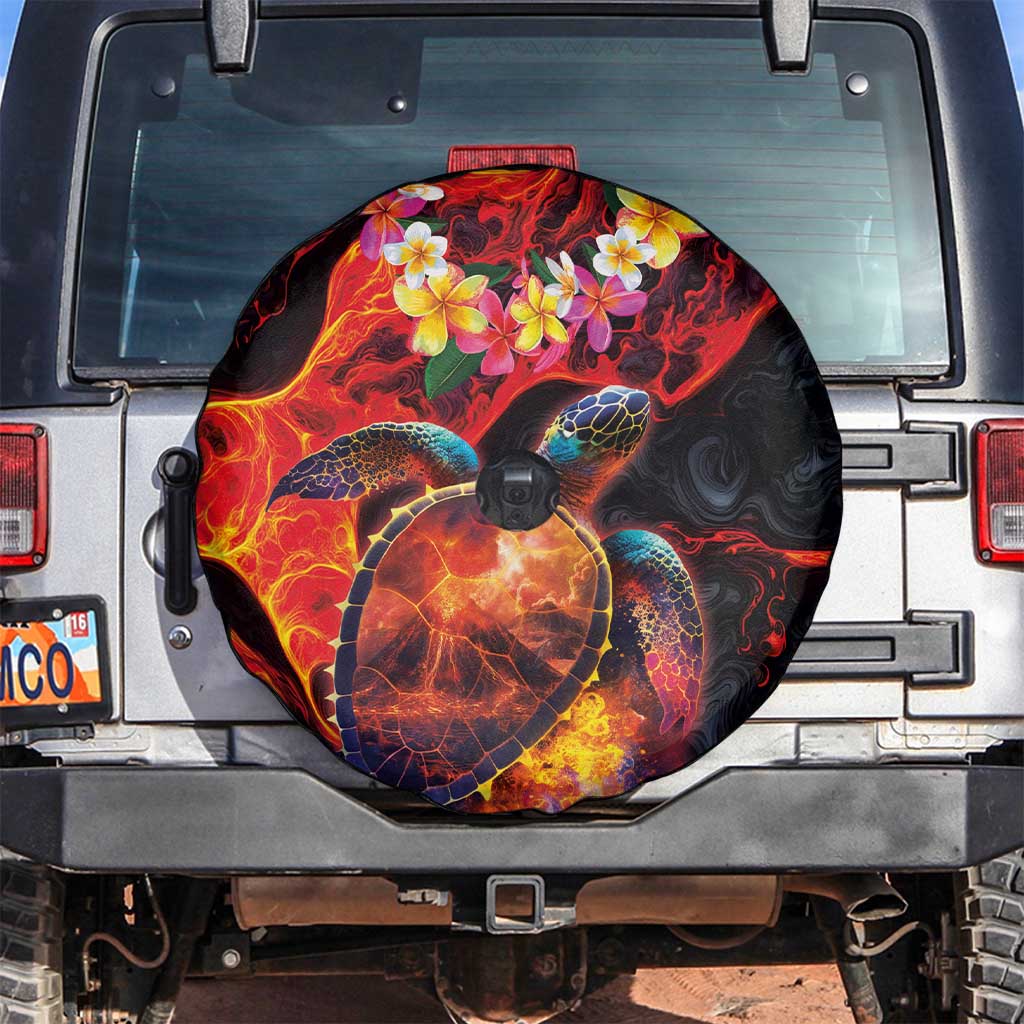 Hawaiian Turtle with Volcanic Eruption Spare Tire Cover Hibiscus Lei and Lava Flow an Abstract Texture LT03 Black - Polynesian Pride
