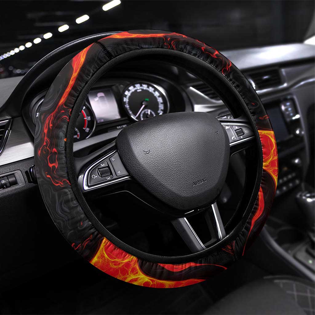 Hawaiian Turtle with Volcanic Eruption Steering Wheel Cover Hibiscus Lei and Lava Flow an Abstract Texture LT03 Universal Fit Black - Polynesian Pride